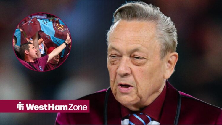 David Sullivan looking towards a circle inset of West Ham fans at the London Stadium