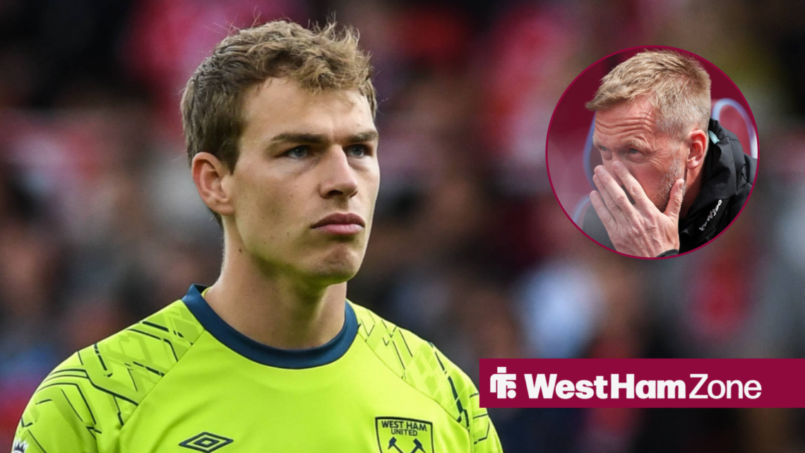 Mads Hermansen looking angry in a West Ham shirt with a frustrated Graham Potter looking towards him