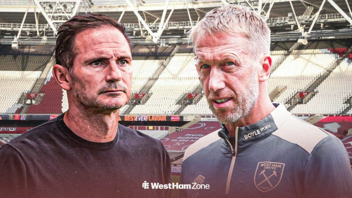 Frank Lampard and Graham Potter looking towards each other at the London Stadium