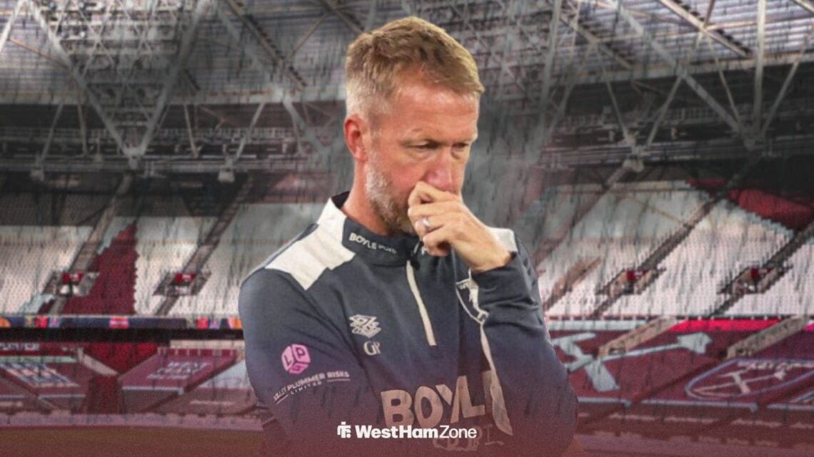Graham Potter looking down at the London Stadium surrounded by rain and storm clouds