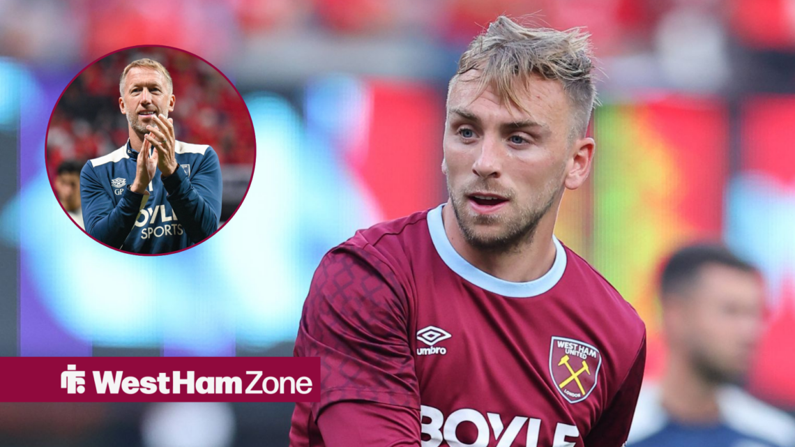 Jarrod Bowen in action for West Ham, with Graham Potter applauding in the circular inert