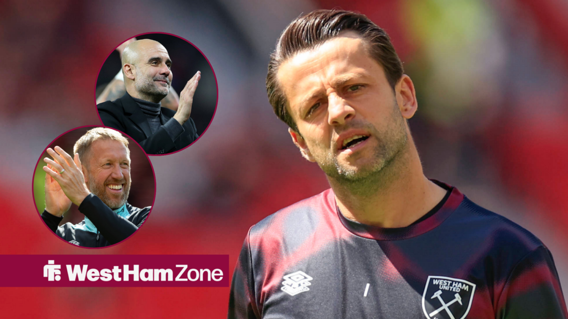 Lukasz Fabianski stretching with Graham Potter and Pep Guardiola clapping while looking towards him in two circle insets