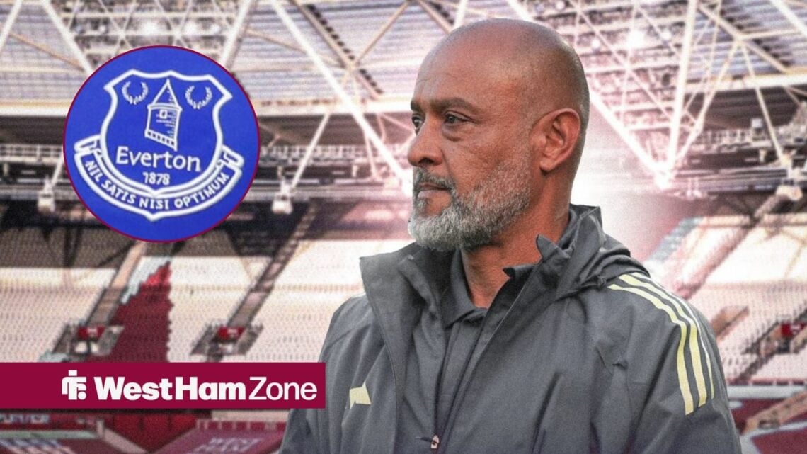 West Ham manager Nuno Espirito Santo and the Everton badge in the circle