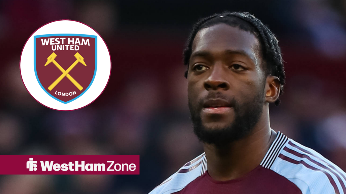 Axel Disasi looking towards a West Ham badge in a circle inset