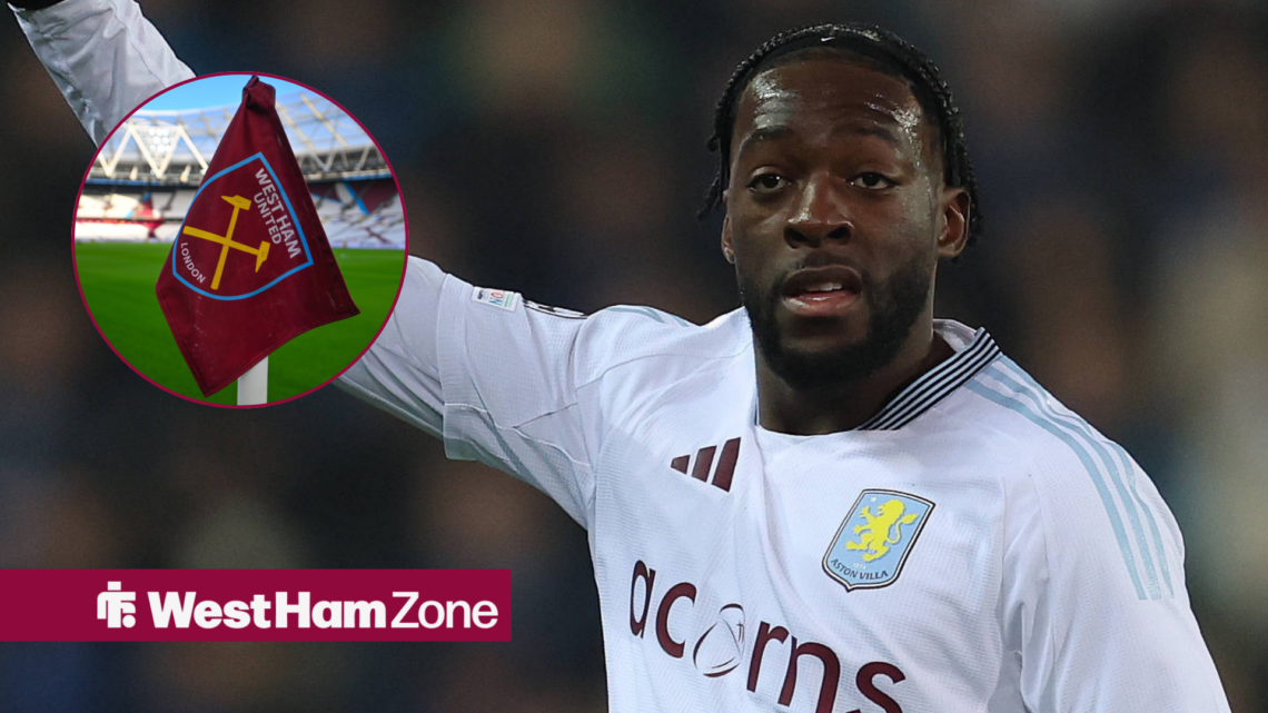 Axel Disasi playing for Aston Villa looking towards a circle inset of a West Ham corner flag