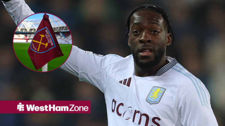 Axel Disasi playing for Aston Villa looking towards a circle inset of a West Ham corner flag