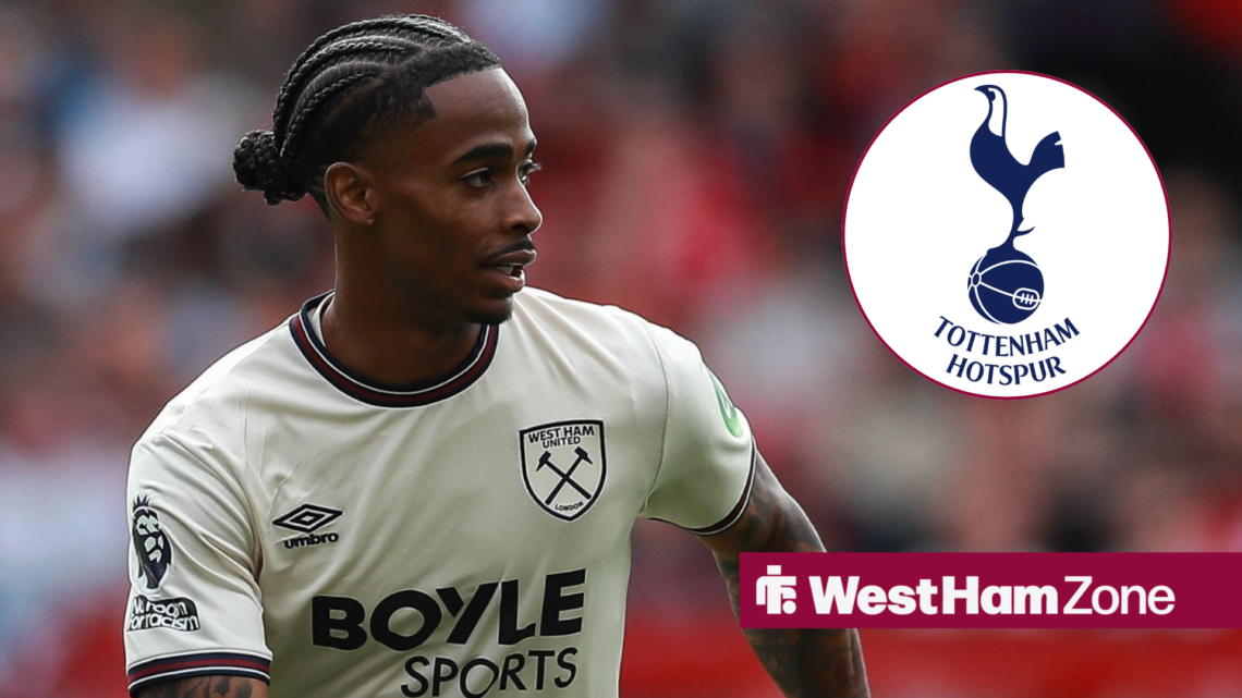 Crysencio Summerville playing for West Ham looking towards a Tottenham badge in a circle inset