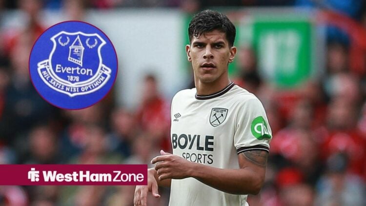 West Ham's Mateus Fernandes and the Everton badge in the circle