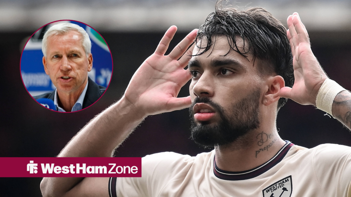 Lucas Paqueta celebrating for West Ham with his fingers to his ears looking at Alan Pardew in a circle inset
