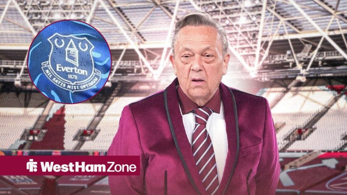 West Ham owner David Sullivan and the Everton badge in the circle