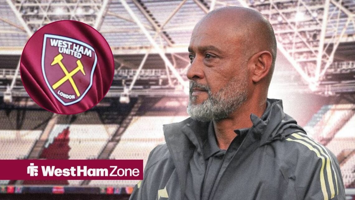 Nuno Espirito Santo on the right looking the the left with the West Ham badge on the left and the London Stadium in the background.