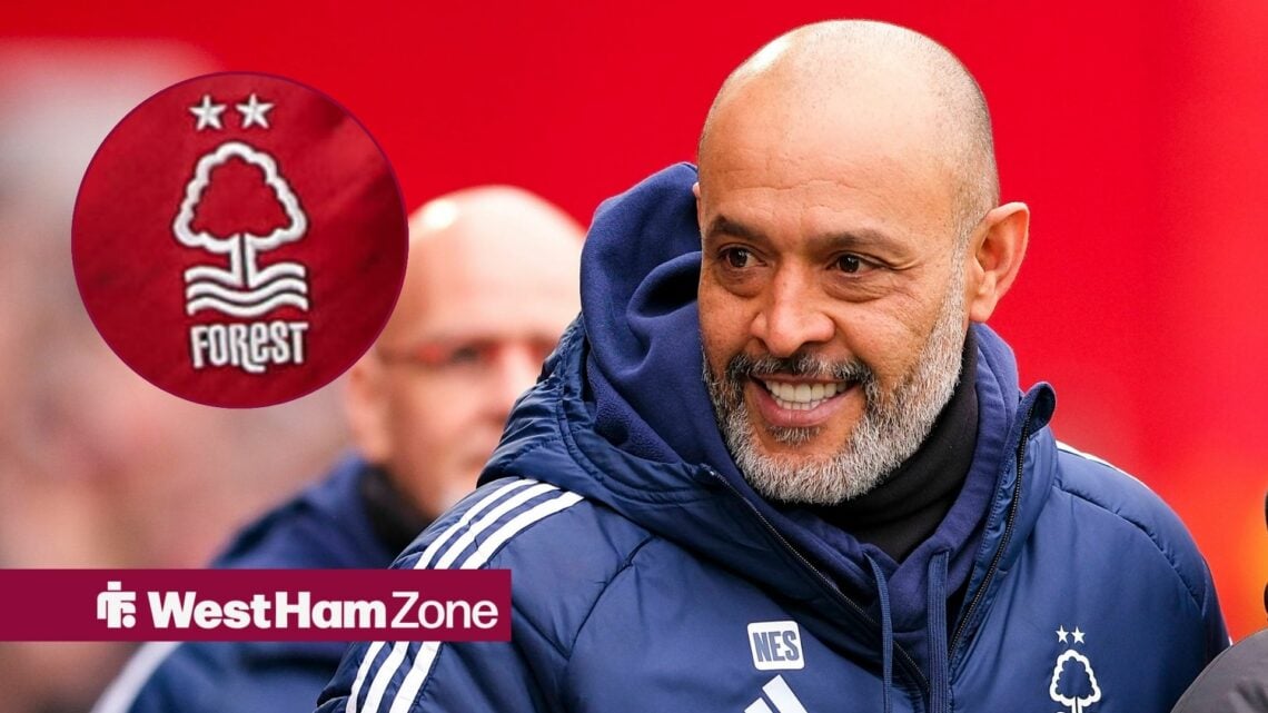 Nuno Espirito Santo smiling looking towards a Nottingham Forest badge in a circle inset