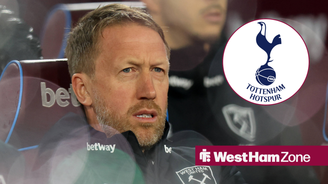 Graham Potter in the West Ham dugout looking towards the Tottenham badge in a circle inset