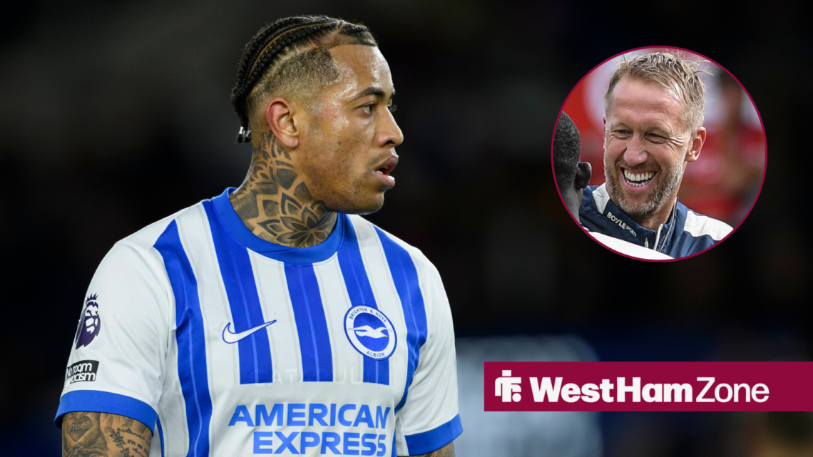 Brighton defender Igor Julio looks to the right, where there is a circle with West Ham manager Graham Potter smiling in it.