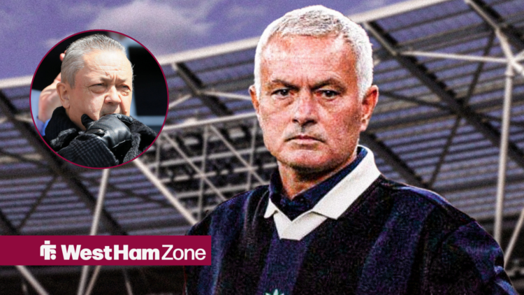 David Sullivan looking towards an image of Jose Mourinho at the London Stadium