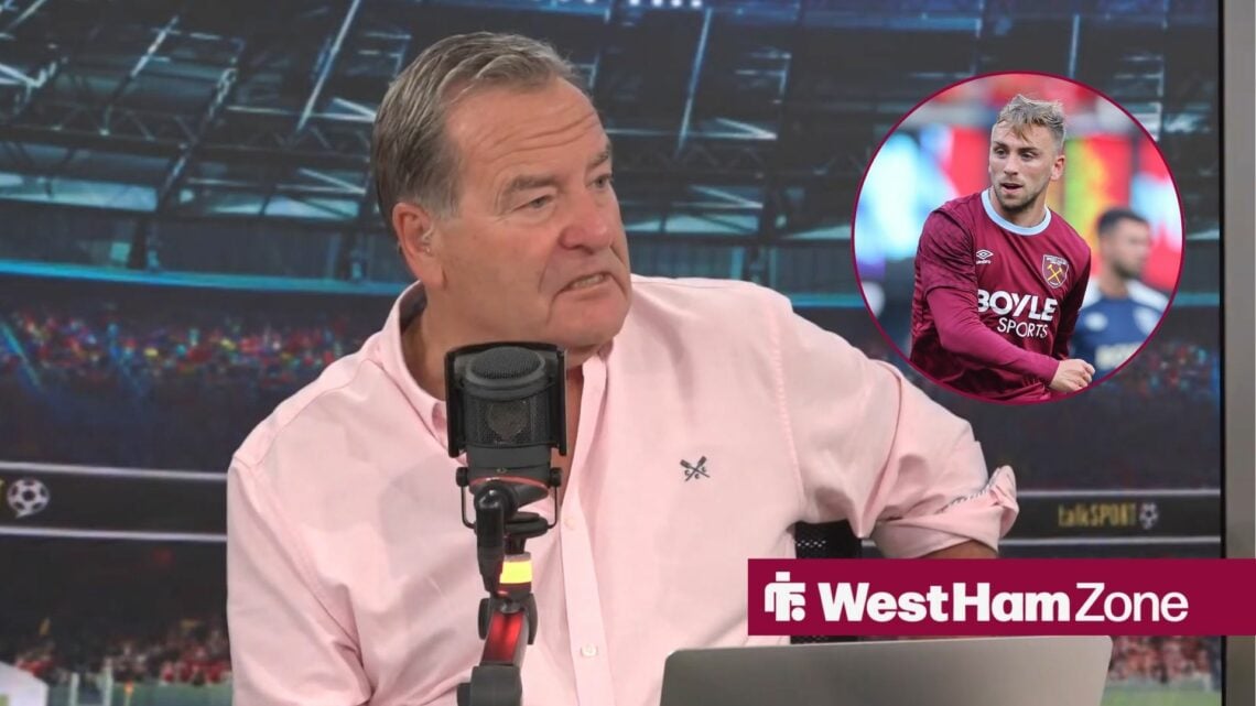 TalkSport's Jeff Stelling and West Ham winger Jarrod Bowen in the circle