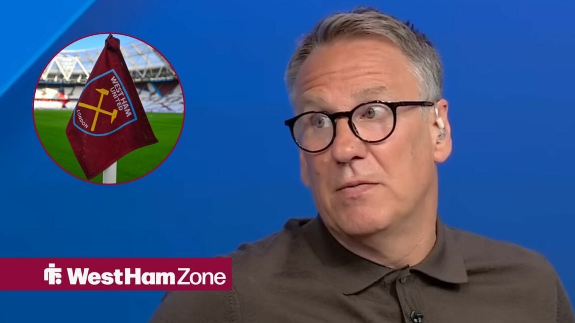 Paul Merson looking annoyed towards a circle inset of a West Ham flag in a circle inset