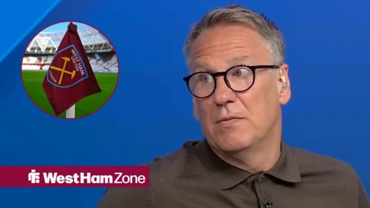 Paul Merson looking annoyed towards a circle inset of a West Ham flag in a circle inset