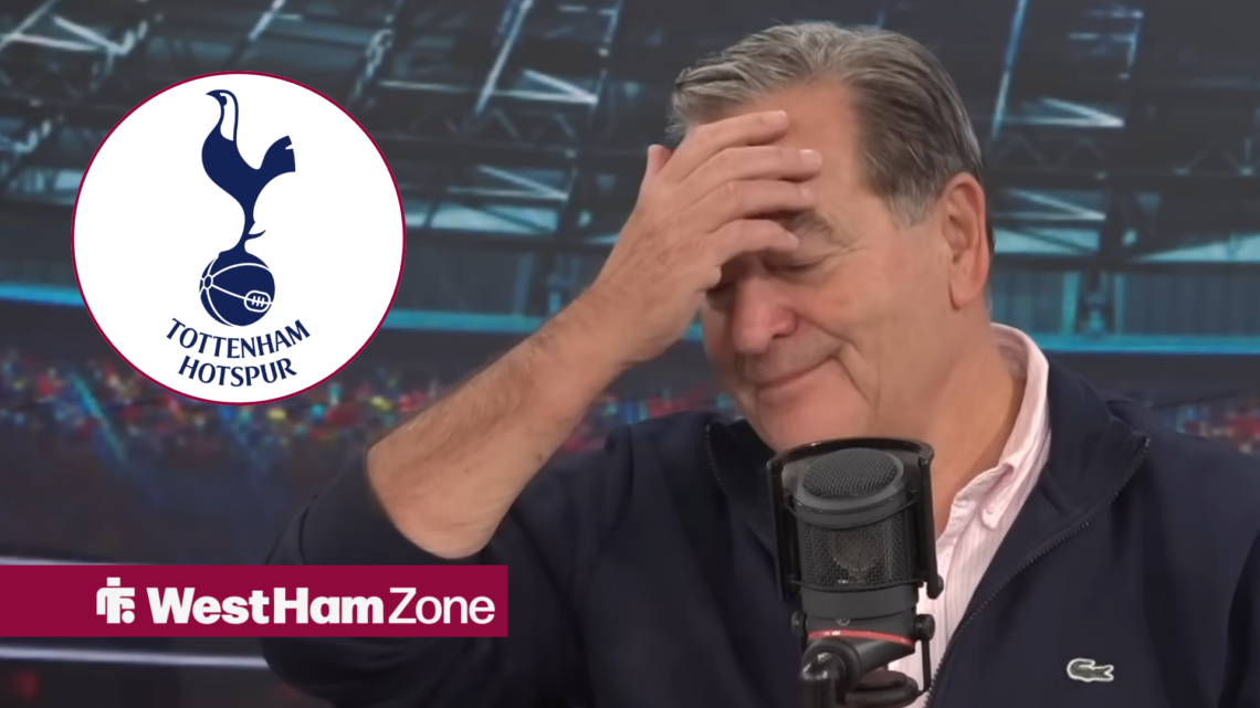 Jeff Stelling with his hand on his forehead next to a circle inset of a Tottenham badge