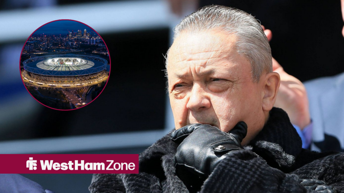 David Sullivan with his hand to his chin looking towards a circle inset of the London Stadium