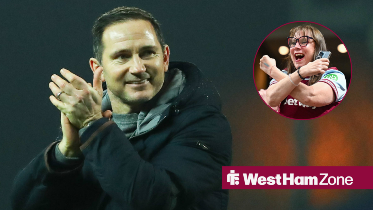 Frank Lampard clapping while smiling towards a West Ham fan in a circle inset