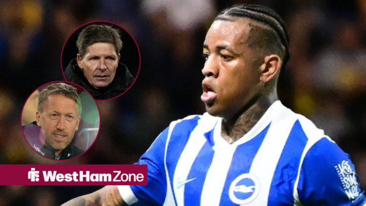 Igor Julio looking towards circle insets of Graham Potter smiling and Oliver Glasner looking worried