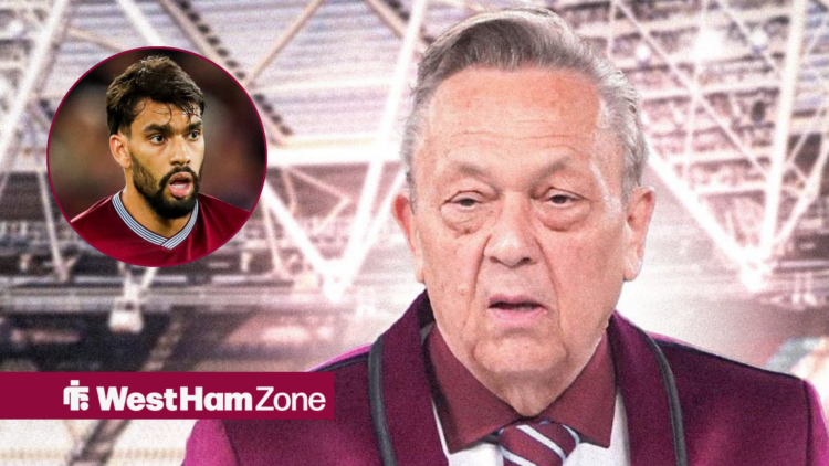 David Sullivan at the London Stadium looking towards Lucas Paqueta in a circle inset