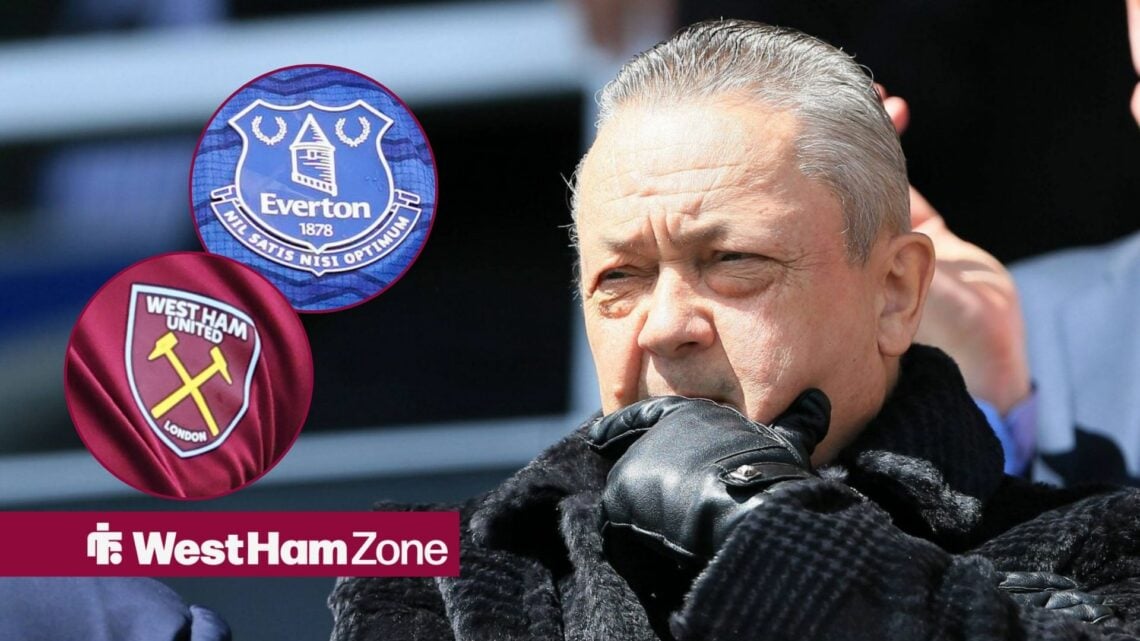 David Sullivan looking towards circle insets of West Ham and Everton badges