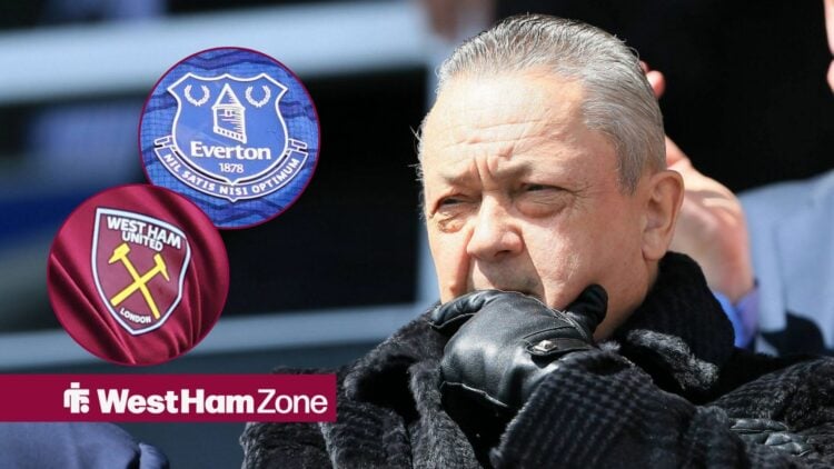 David Sullivan looking towards circle insets of West Ham and Everton badges