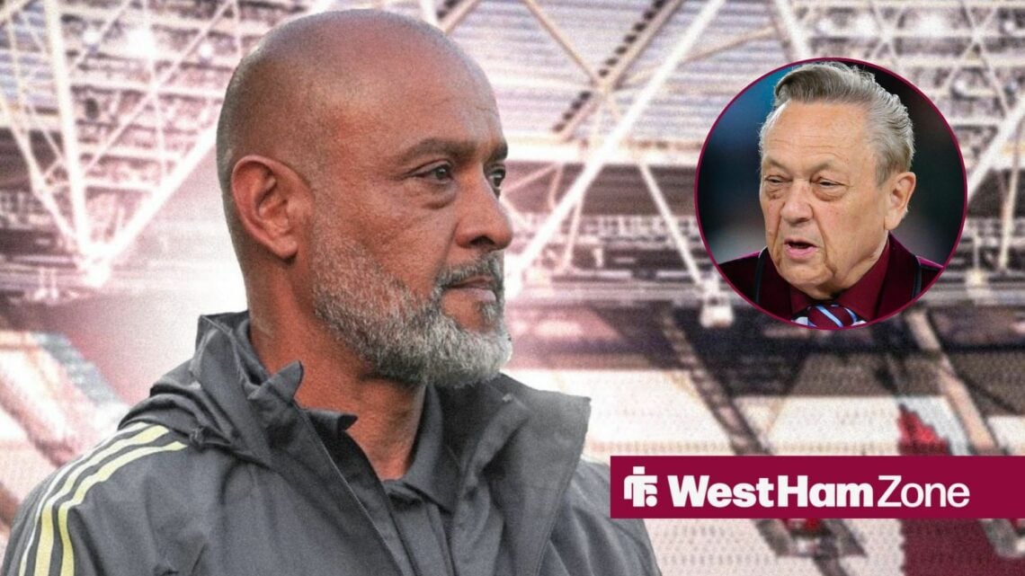Nuno Espirito Santo at the London Stadium looking towards David Sullivan in a circle inset