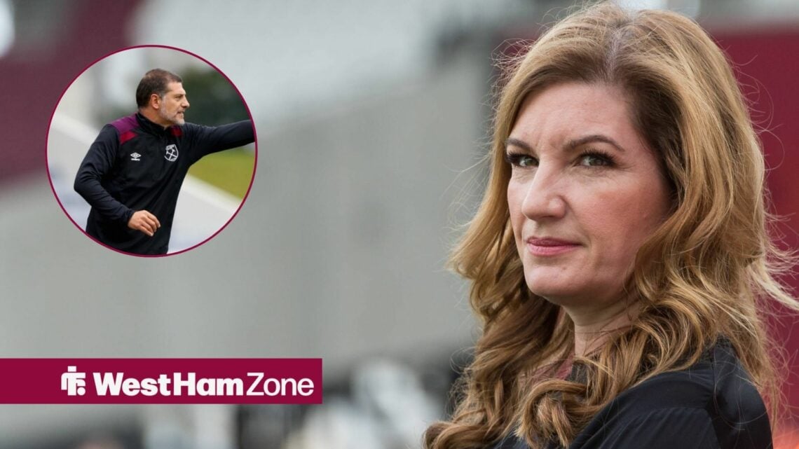 Karren Brady alongside a circle inset of Slaven Bilic.