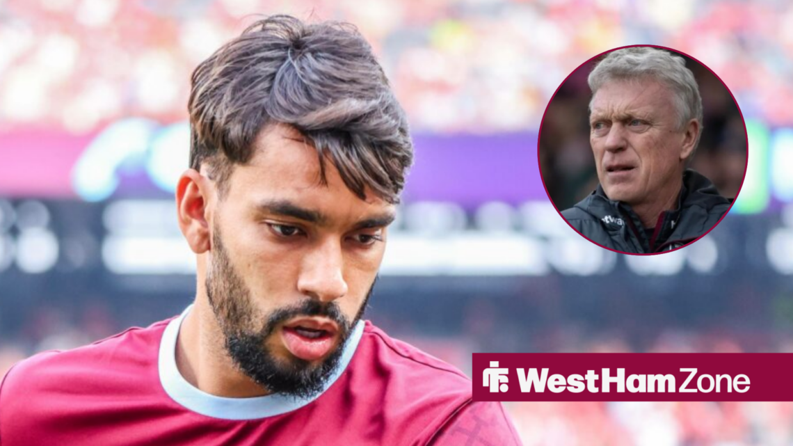 David Moyes in a circle inset looking towards Lucas Paqueta looking down