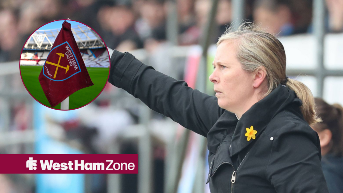 Rehanne Skinner with her arm outstreched alongside a circle inset of the West Ham corner flag