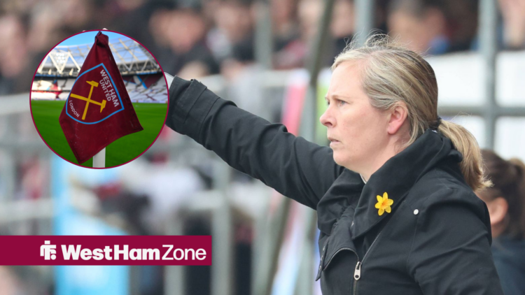 Rehanne Skinner with her arm outstreched alongside a circle inset of the West Ham corner flag