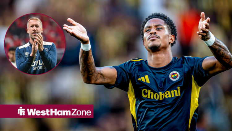 Jayden Oosterwolde with his arms up alongside a circle inset of Graham Potter clapping