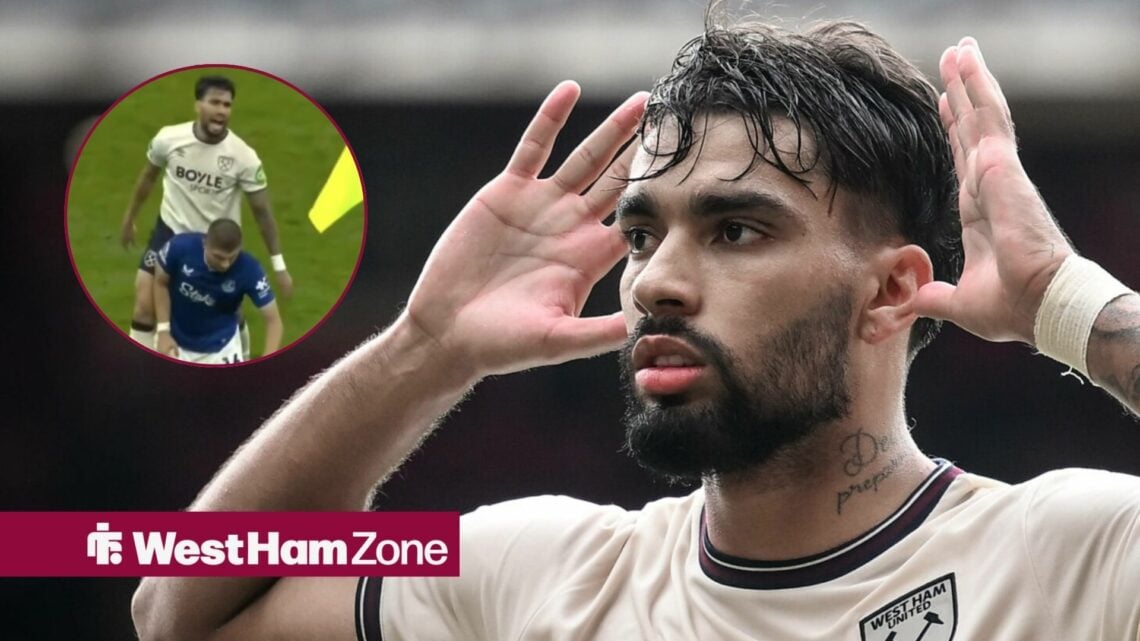 Lucas Paqueta looking towards a circle inset of Lucas Paqueta standing over Everton defender Vitaliy Mykolenko