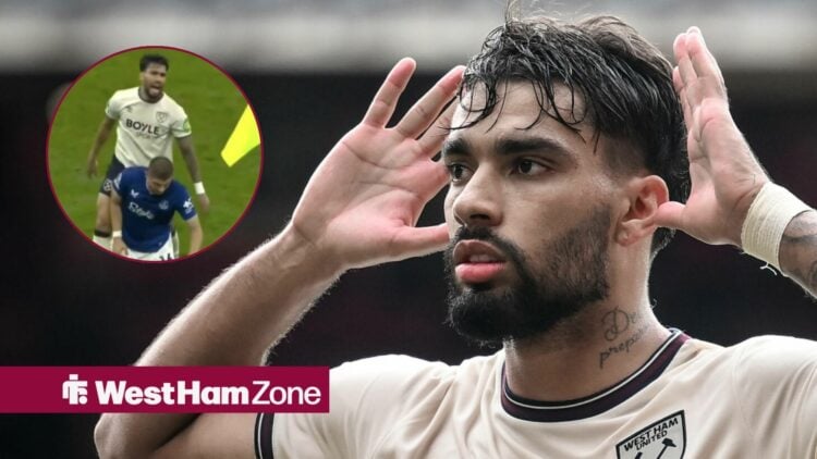 Lucas Paqueta looking towards a circle inset of Lucas Paqueta standing over Everton defender Vitaliy Mykolenko