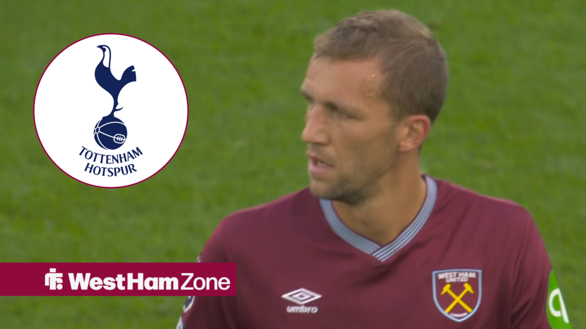 Tomas Soucek playing for West Ham looking towards a circle inset of a Tottenham badge