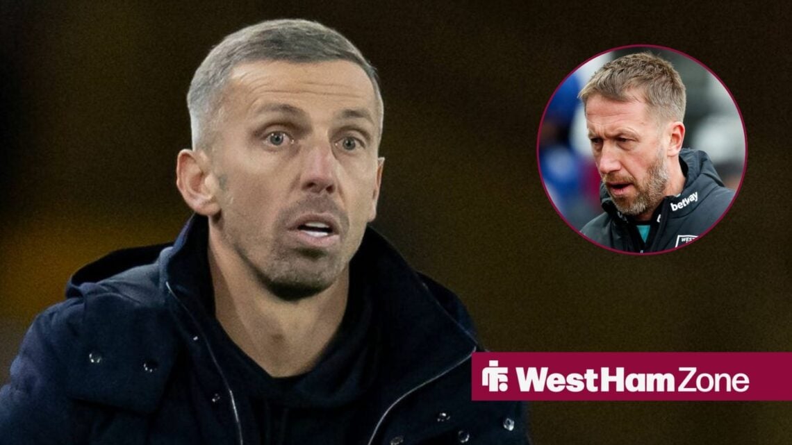 Gary O'Neil looking towards Graham Potter looking annoyed in a circle inset