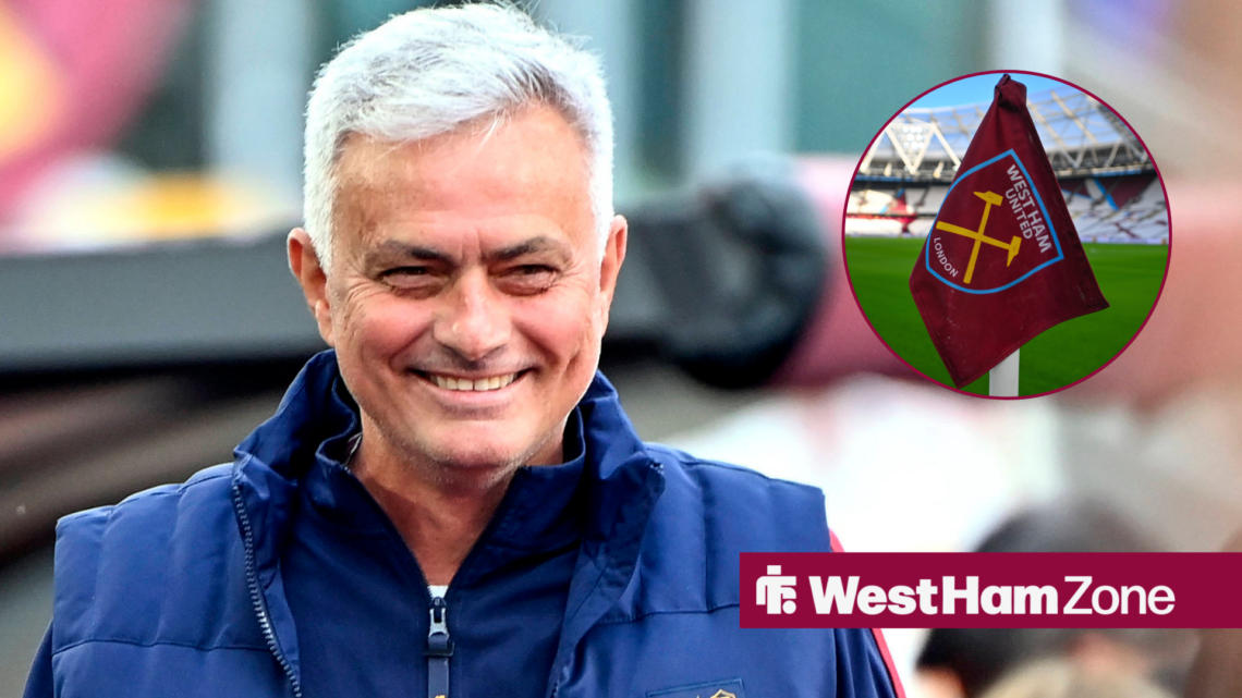 Jose Mourinho smiling looking towards a circle inset of a West Ham flag at the London Stadium