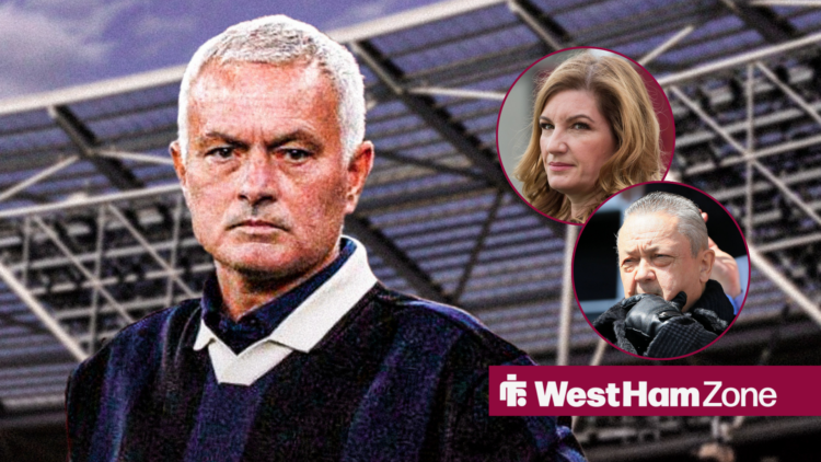 Jose Mourinho at the London Stadium looking towards Karren Brady and David Sullivan in circle insets