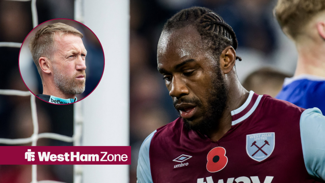 Michail Antonio looking frustrated at West Ham with Graham Potter looking at him in a circle inset