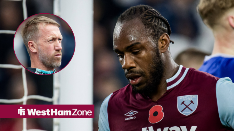 Michail Antonio looking frustrated at West Ham with Graham Potter looking at him in a circle inset