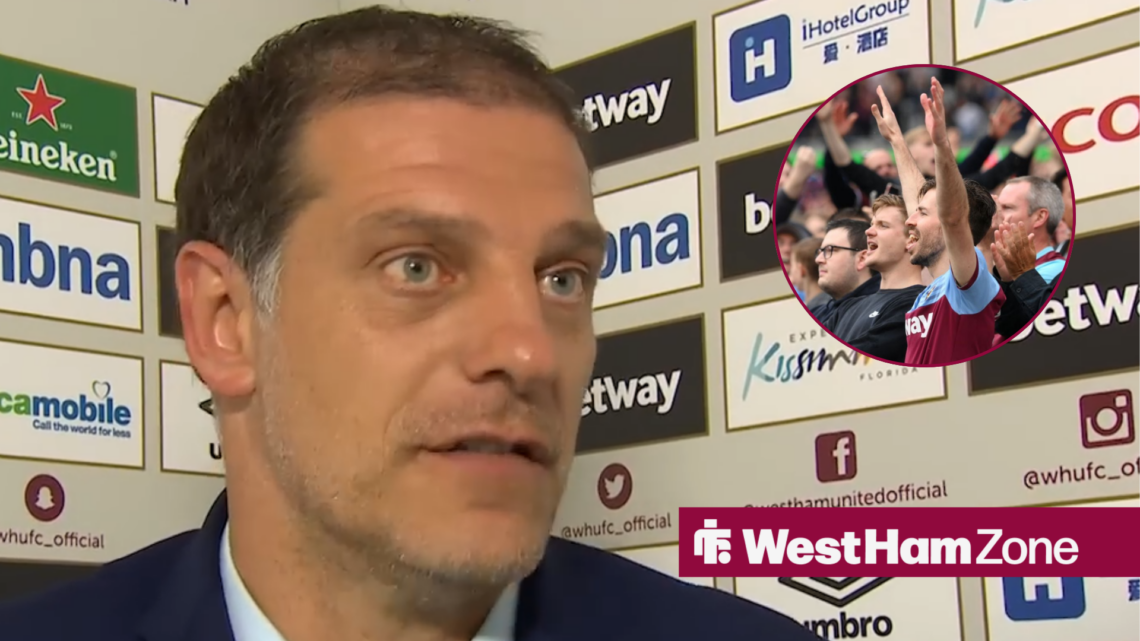 Slaven Bilic looking towards West Ham fans in a circle inset