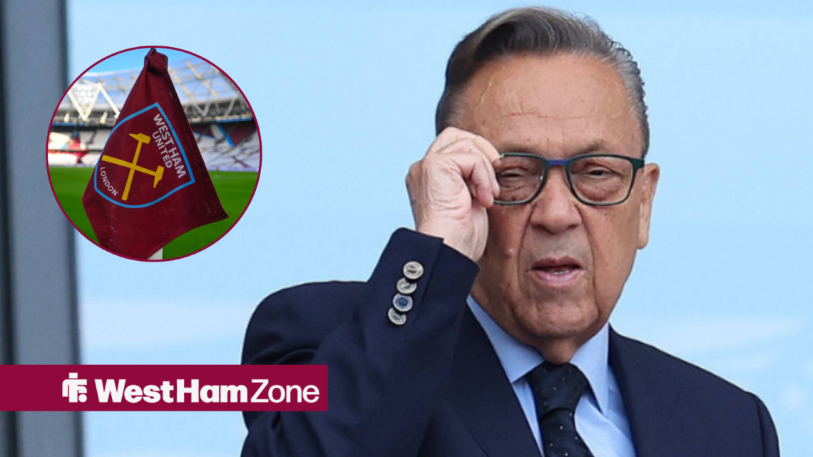 David Sullivan looking towards a circle inset of a West Ham flag at the London Stadium