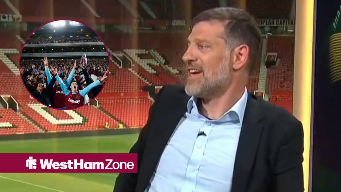 Slaven Bilic smiling looking towards a circle inset of West Ham fans celebrating