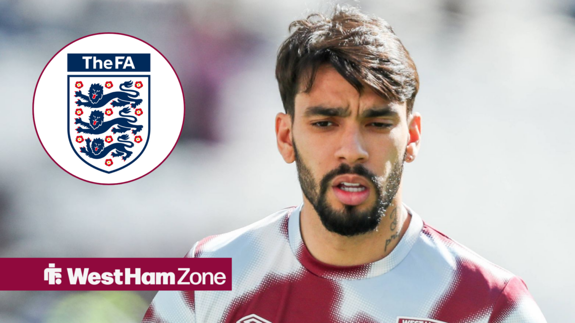 Lucas Paqueta looking down alongside The FA logo