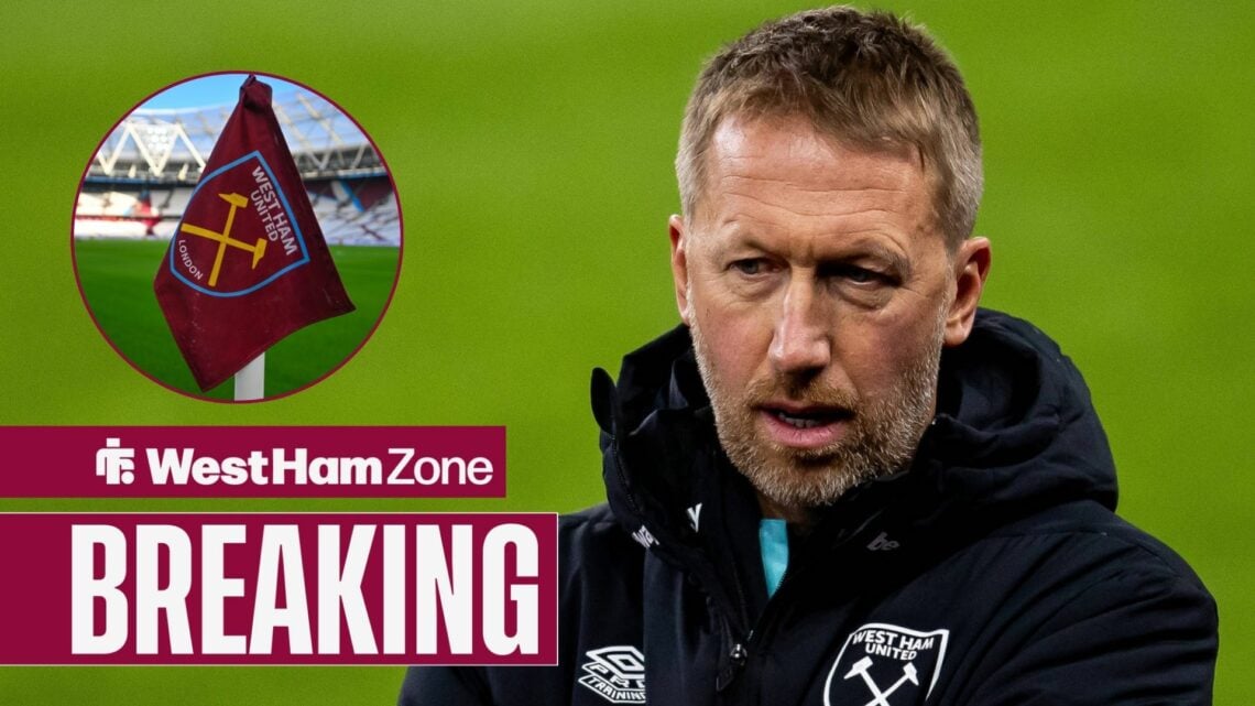 Graham Potter in a breaking news graphic looking frustrated towards a West Ham flag in a circle inset