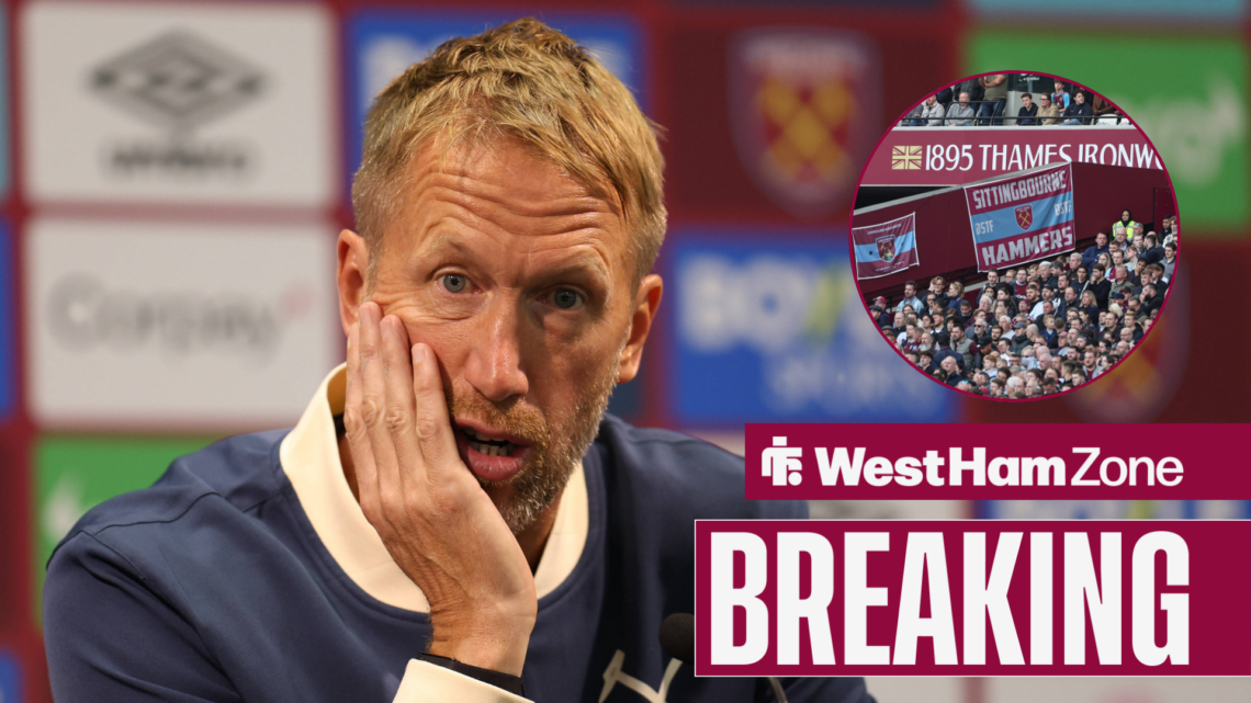 Graham Potter looks fed up in a West Ham press conference. To his right is a smaller picture of West Ham fans.