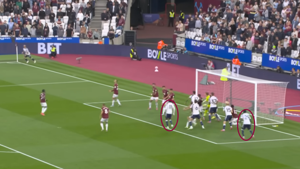 Tottenham taking a corner against West Ham before scoring
